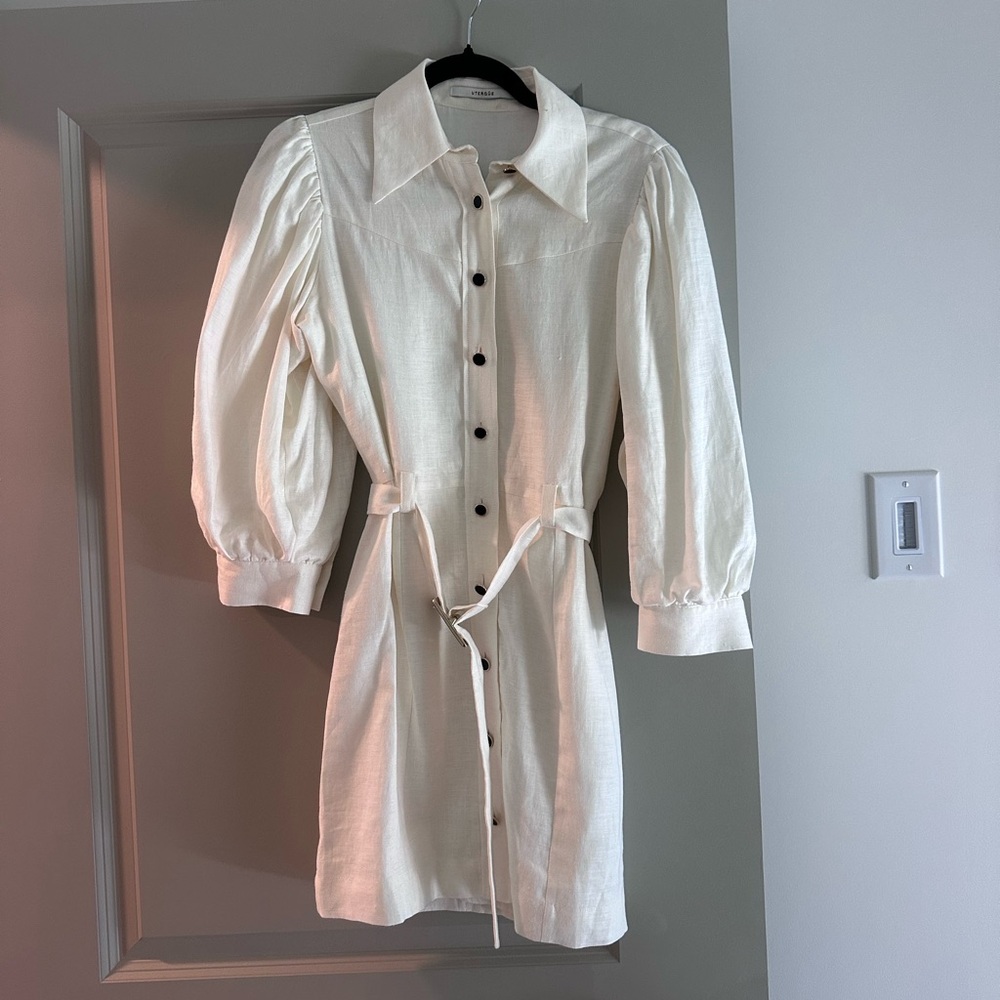White Massimo Dutti studio linen dress with black and gold buttons size S
